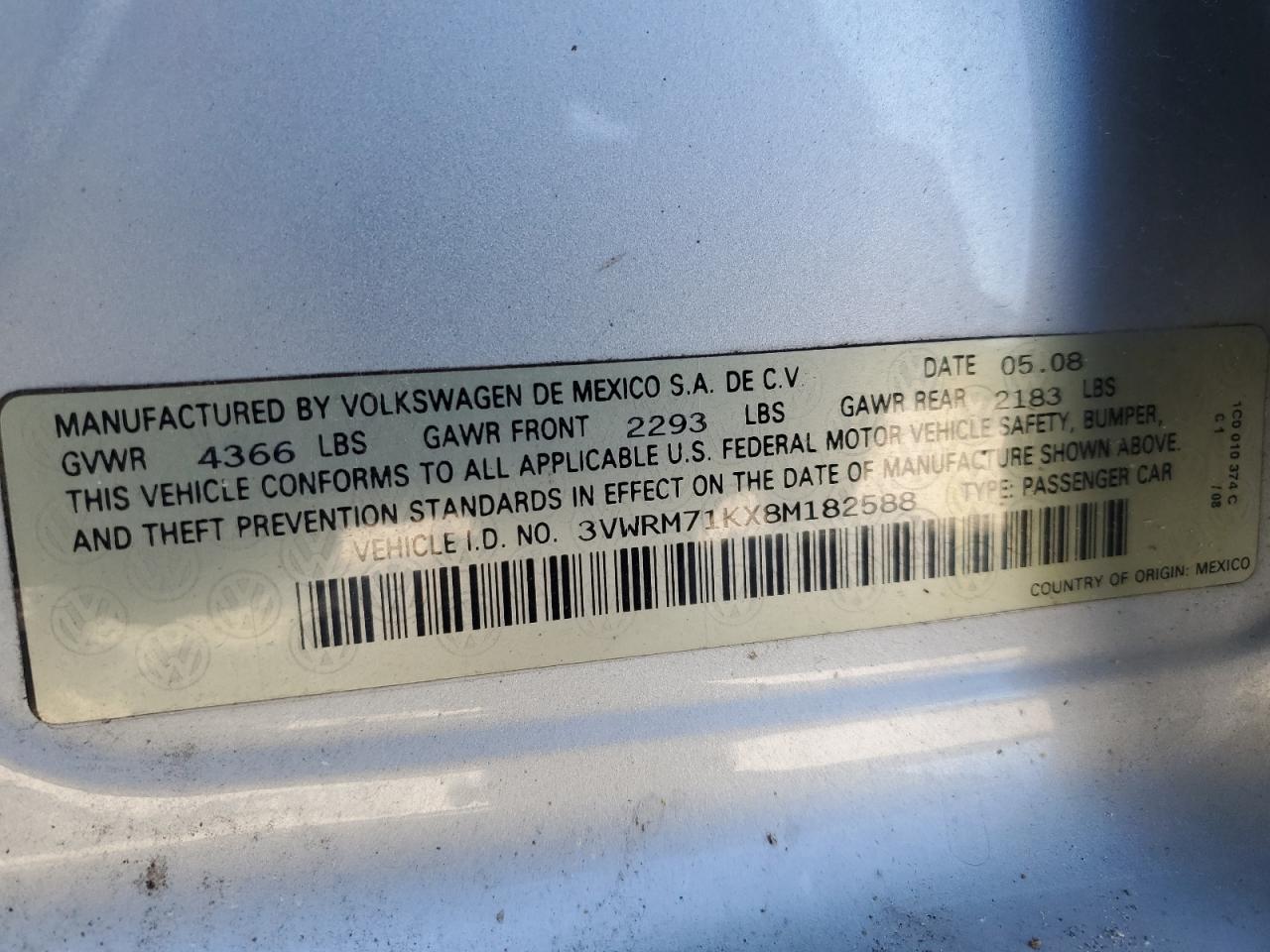 2008 Volkswagen Jetta Se VIN: 3VWRM71KX8M182588 Lot: 91324195