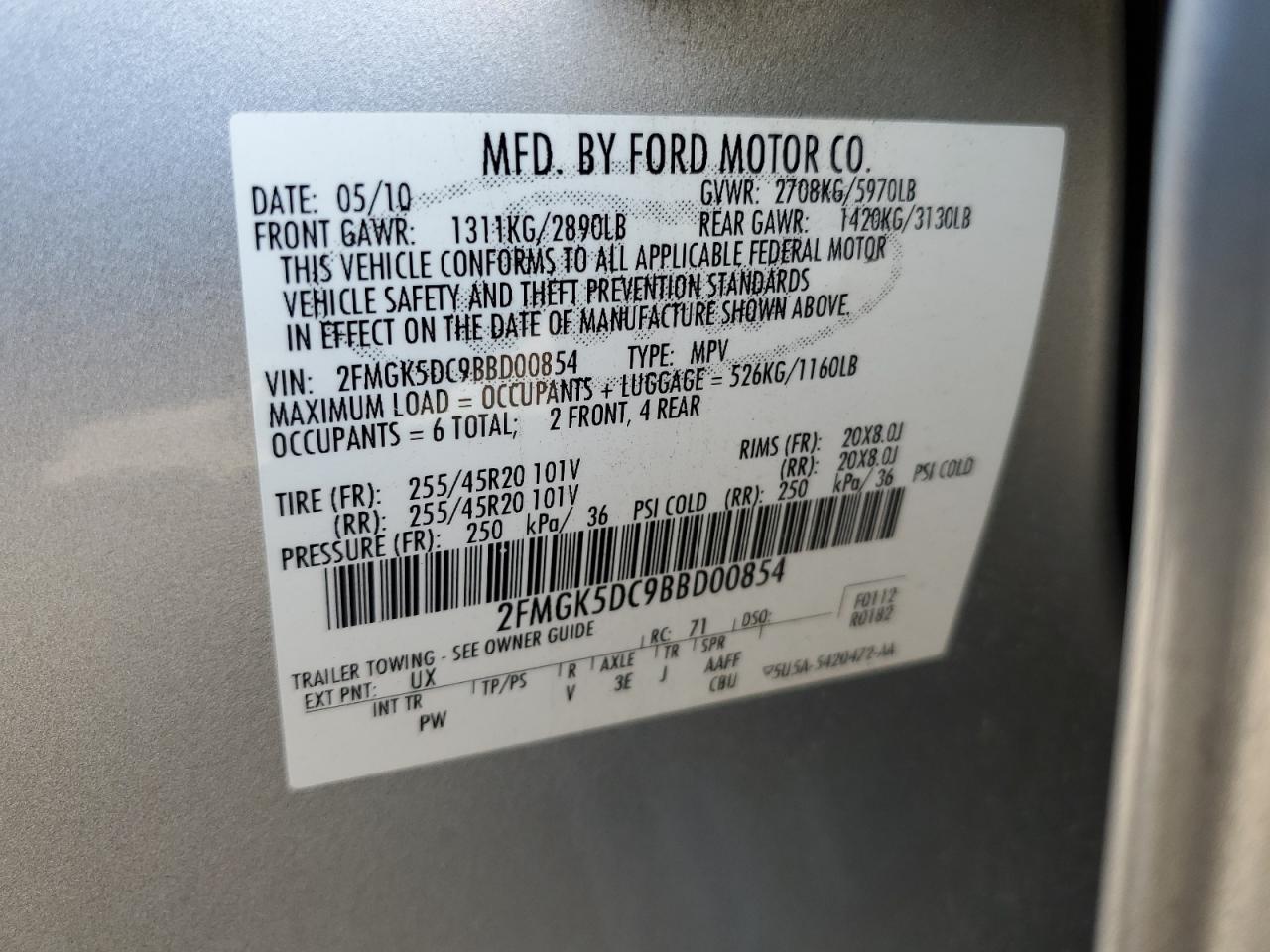 2011 Ford Flex Limited VIN: 2FMGK5DC9BBD00854 Lot: 91633685