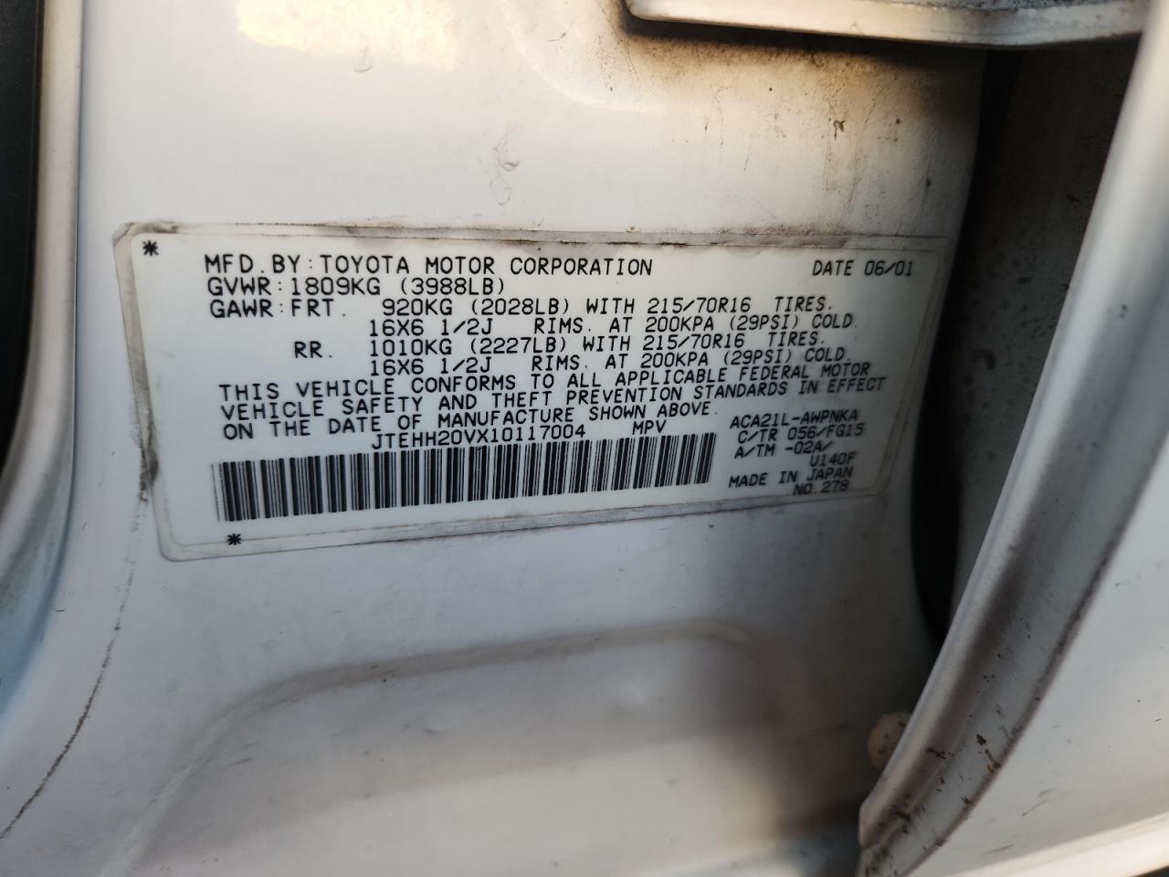 2001 Toyota Rav4 VIN: JTEHH20VX10117004 Lot: 92603215