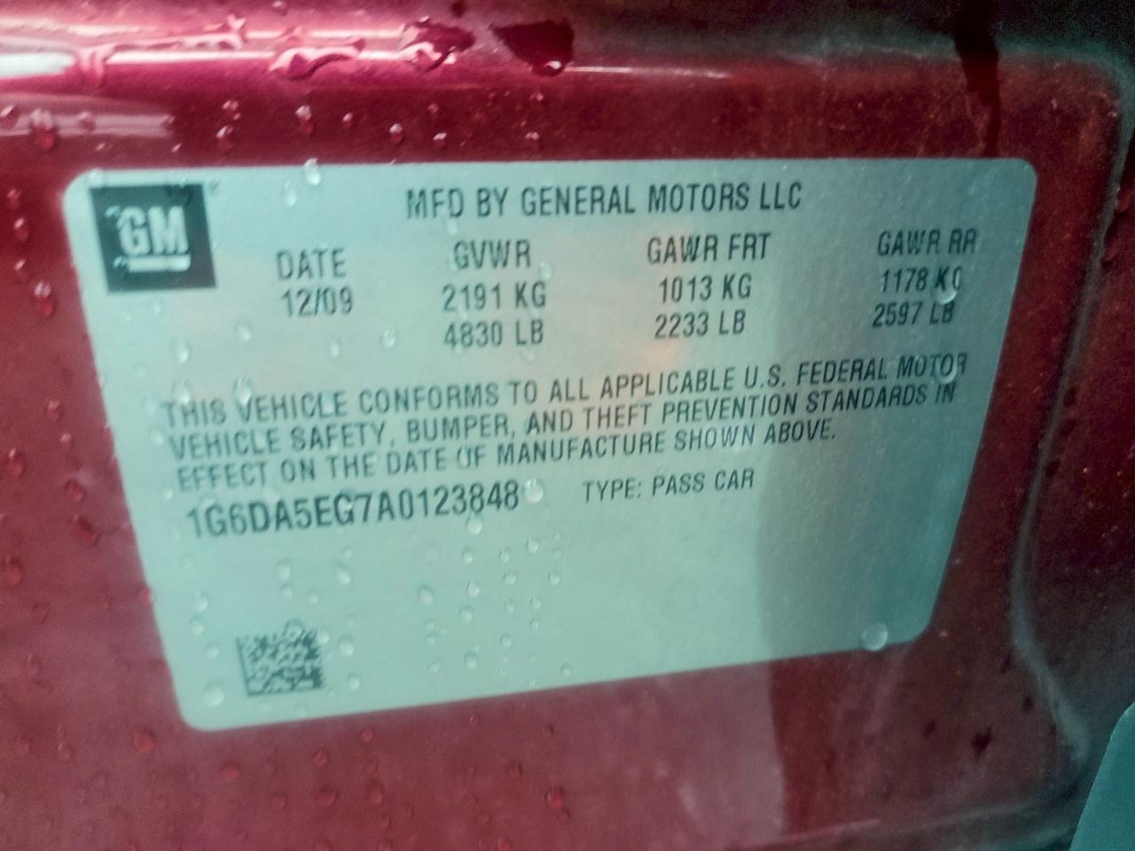 2010 Cadillac Cts VIN: 1G6DA5EG7A0123848 Lot: 93962345