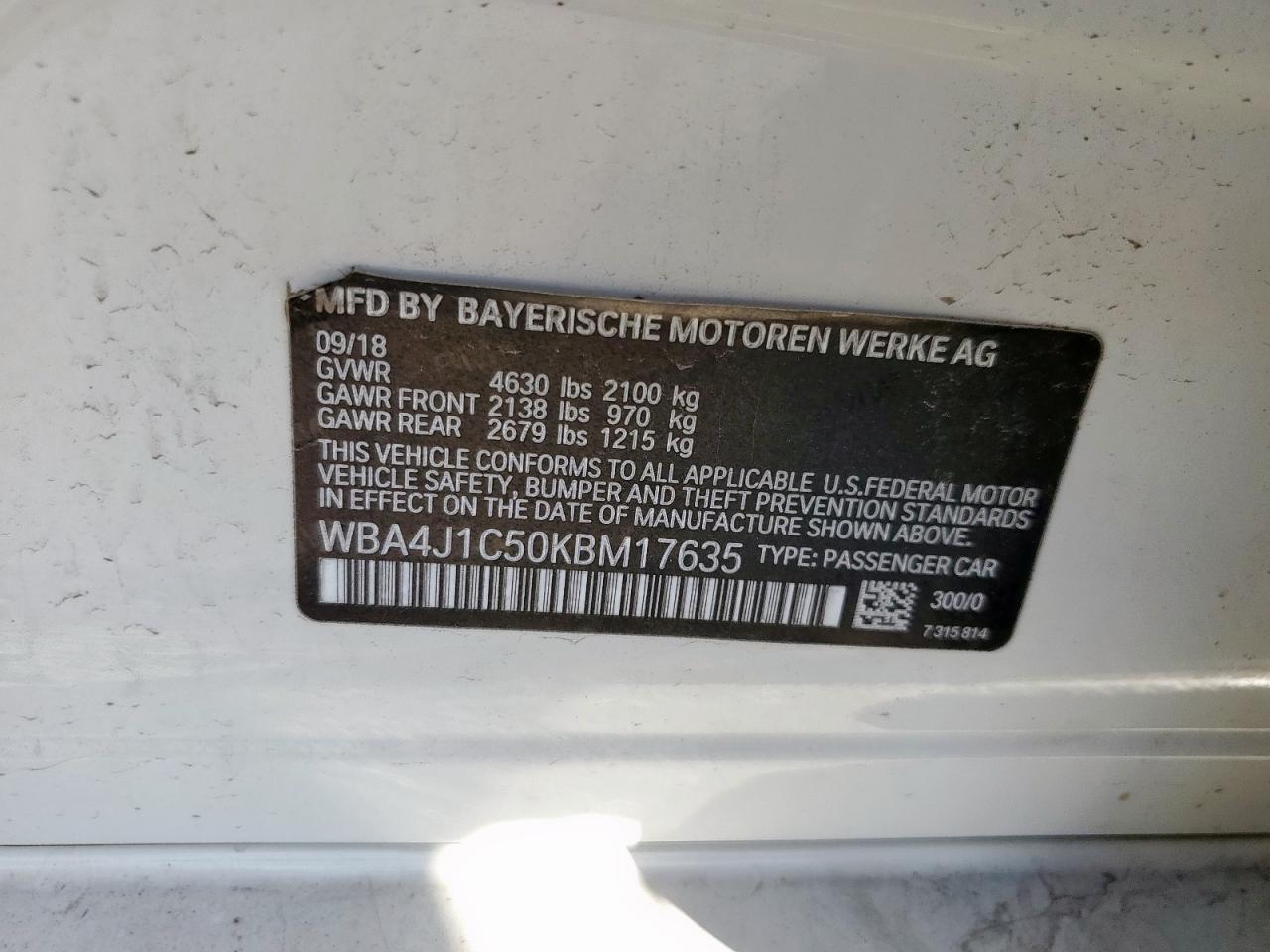 2019 BMW 430I Gran Coupe VIN: WBA4J1C50KBM17635 Lot: 92670465