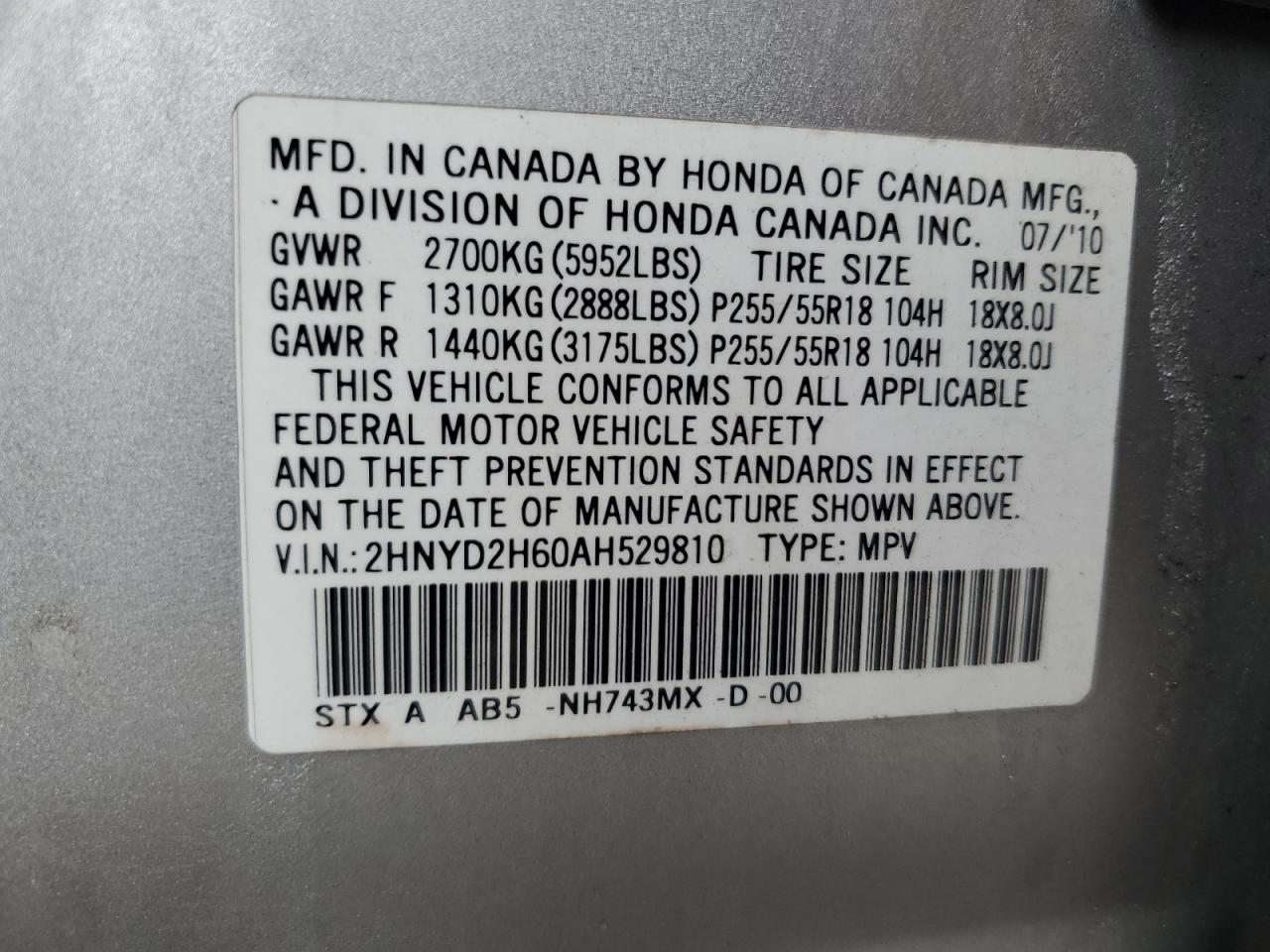 2010 Acura Mdx Technology VIN: 2HNYD2H60AH529810 Lot: 92025585