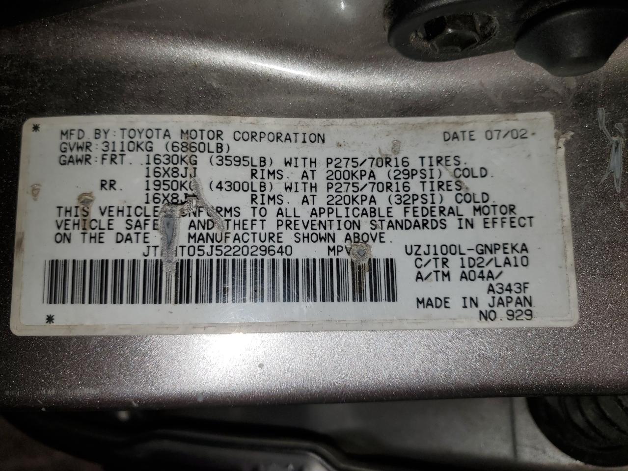 2002 Toyota Land Cruiser VIN: JTEHT05J522029640 Lot: 93956585