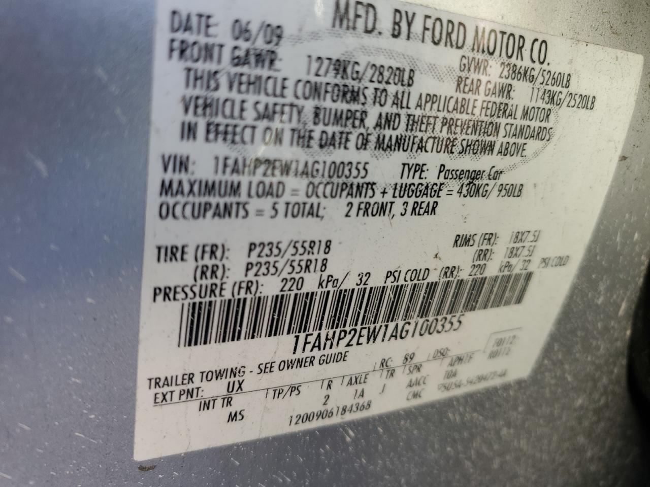 2010 Ford Taurus Sel VIN: 1FAHP2EW1AG100355 Lot: 91209595