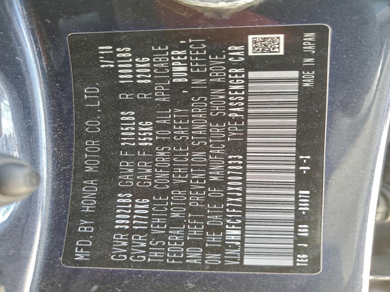 2018 Honda Civic Exl VIN: JHMFC1F7XJX007833 Lot: 94262415