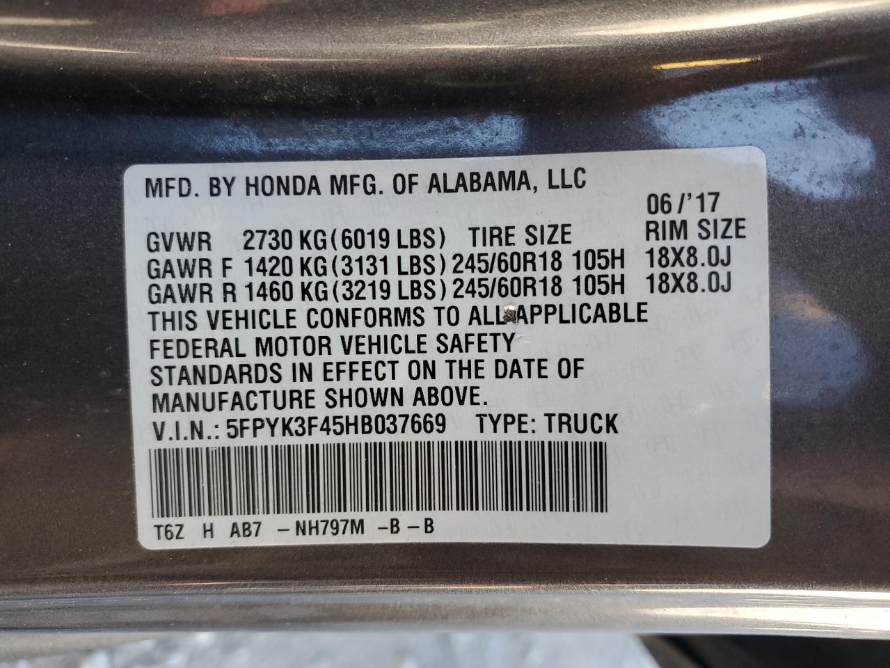 2017 Honda Ridgeline Rts VIN: 5FPYK3F45HB037669 Lot: 91119175