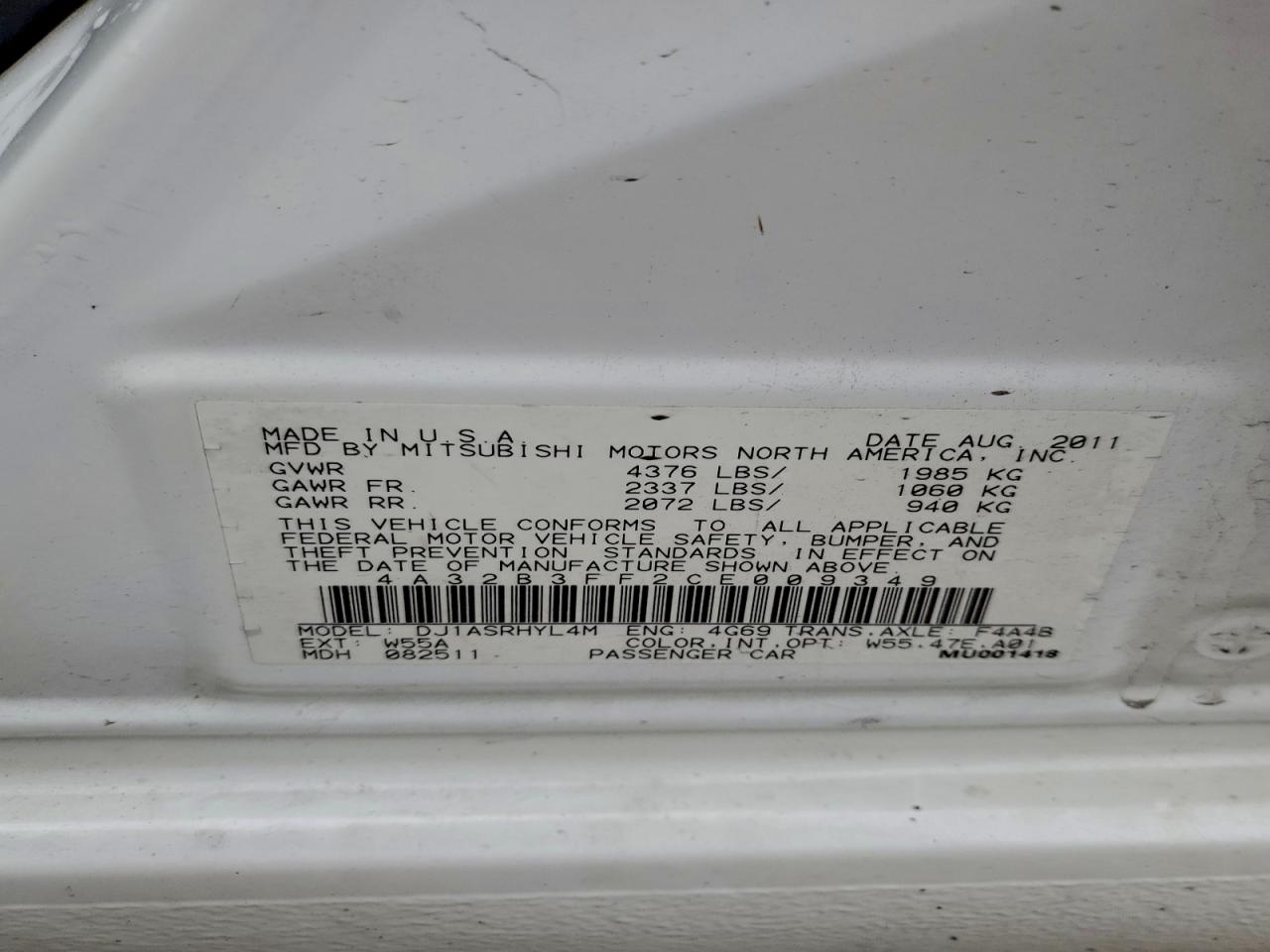 2012 Mitsubishi Galant Es VIN: 4A32B3FF2CE009349 Lot: 93650485