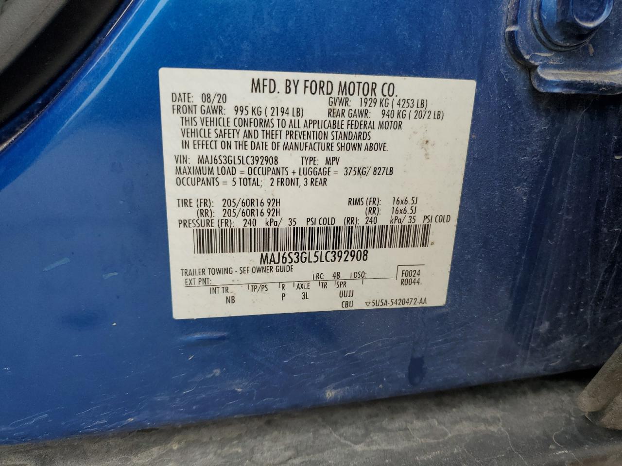 2020 Ford Ecosport Se VIN: MAJ6S3GL5LC392908 Lot: 92172355