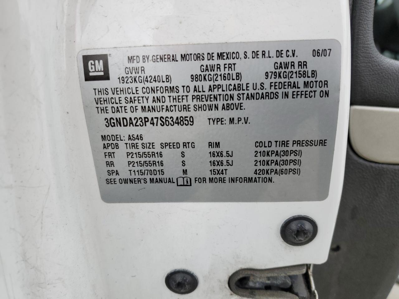 2007 Chevrolet Hhr Lt VIN: 3GNDA23P47S634859 Lot: 93128395