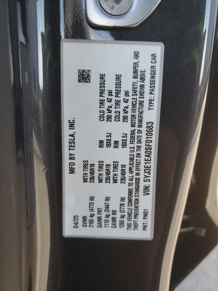 2025 Tesla Model 3 VIN: 5YJ3E1EA0SF010683 Lot: 92434425