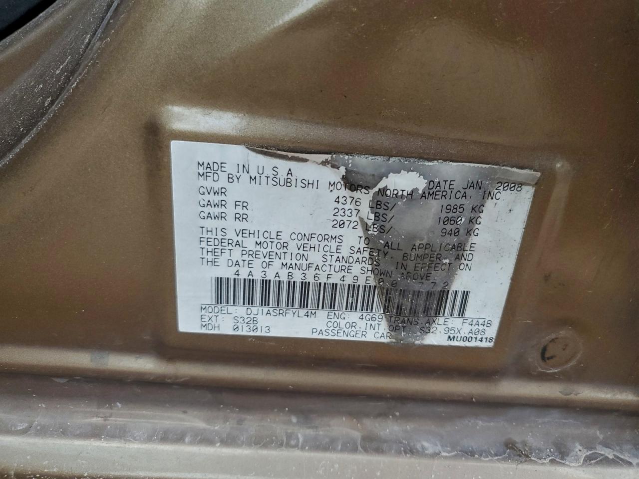 2009 Mitsubishi Galant Es VIN: 4A3AB36F49E004772 Lot: 93918745