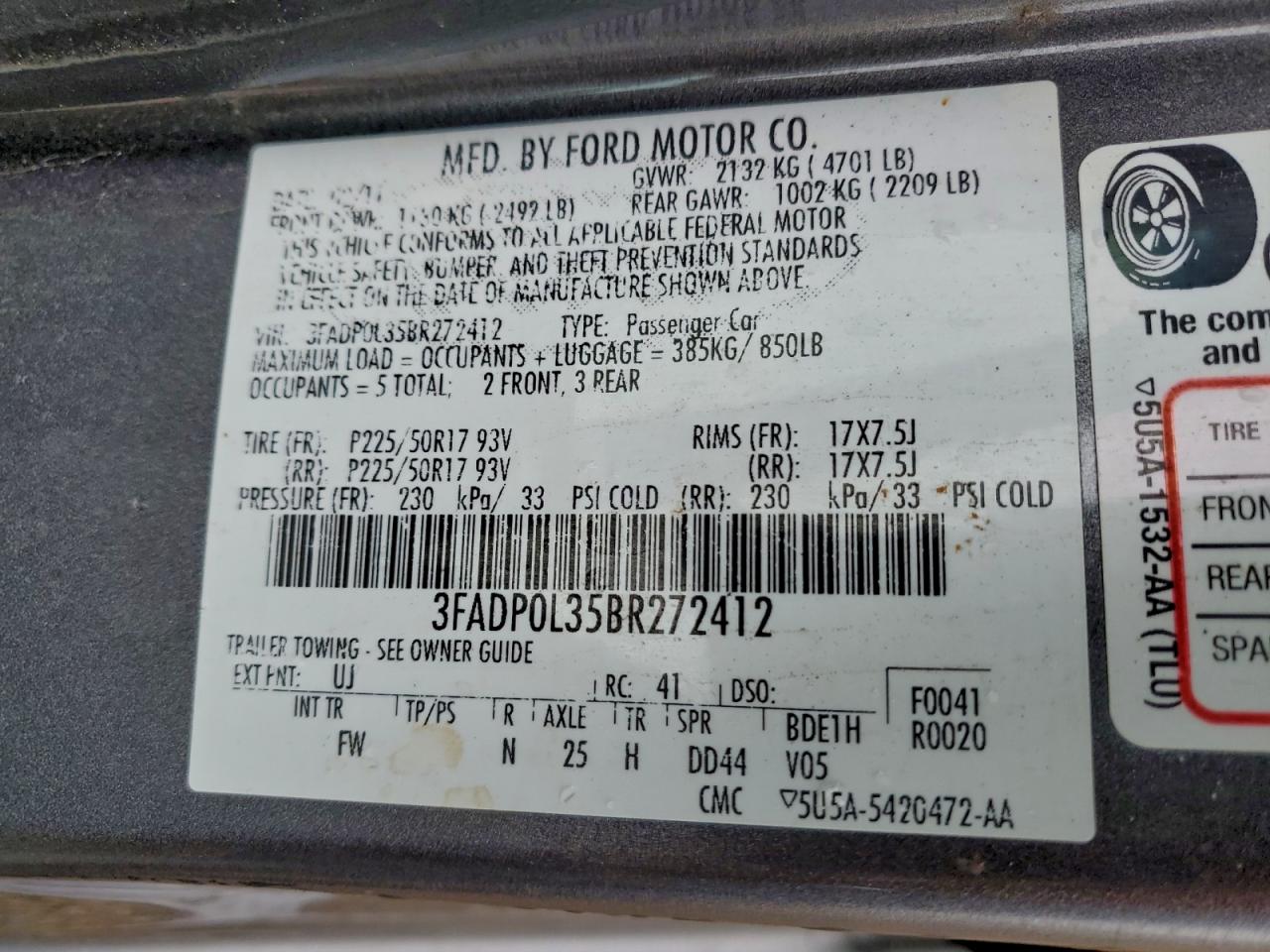 2011 Ford Fusion Hybrid VIN: 3FADP0L35BR272412 Lot: 94581125