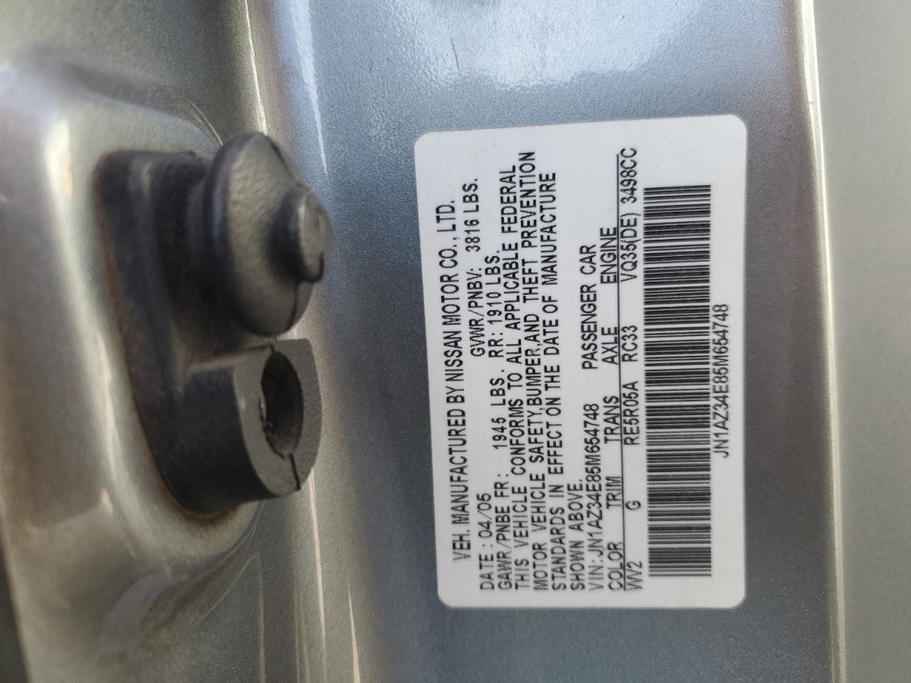 2005 Nissan 350Z Coupe VIN: JN1AZ34E85M654748 Lot: 92643395