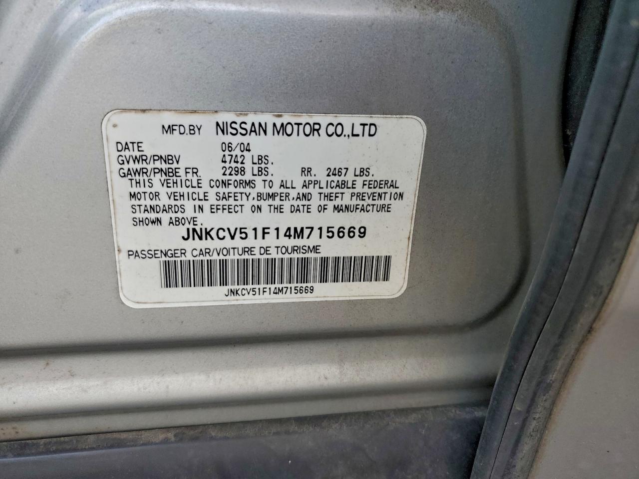 2004 Infiniti G35 VIN: JNKCV51F14M715669 Lot: 93992735