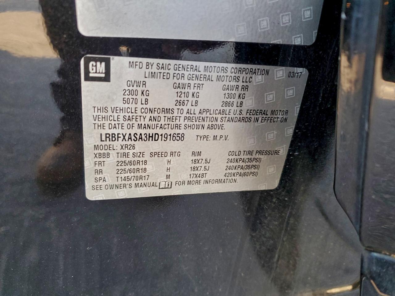 2017 Buick Envision Preferred VIN: LRBFXASA3HD191658 Lot: 94495195