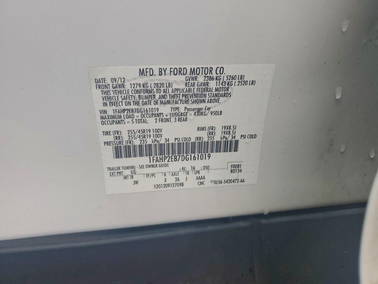 2013 Ford Taurus Sel VIN: 1FAHP2E87DG161019 Lot: 93832325