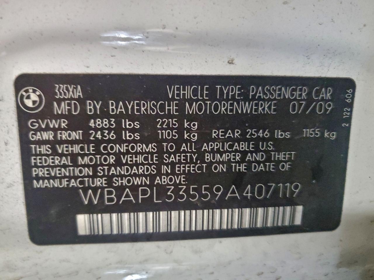 2009 BMW 335 Xi VIN: WBAPL33559A407119 Lot: 94068195