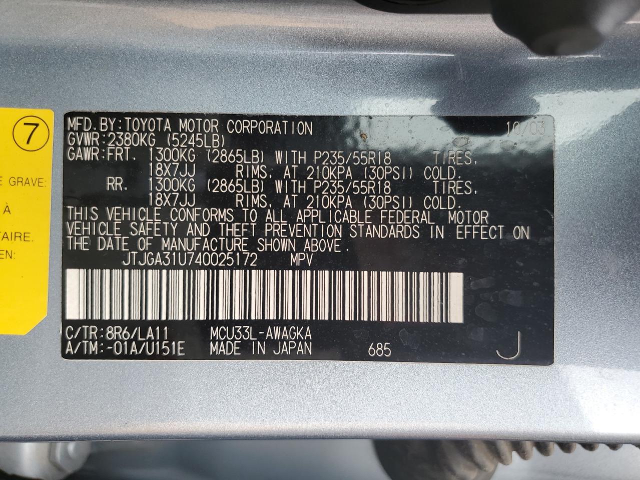 2004 Lexus Rx 330 VIN: JTJGA31U740025172 Lot: 92644355