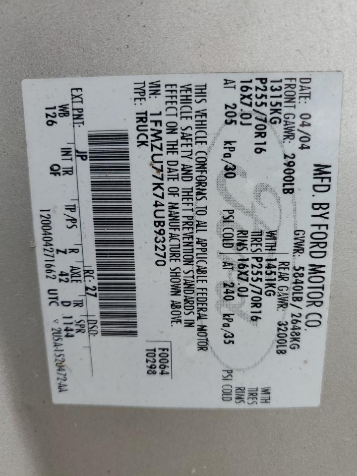 2005 Ford Explorer Sport Trac VIN: 1FMZU77K74UB93270 Lot: 93378125