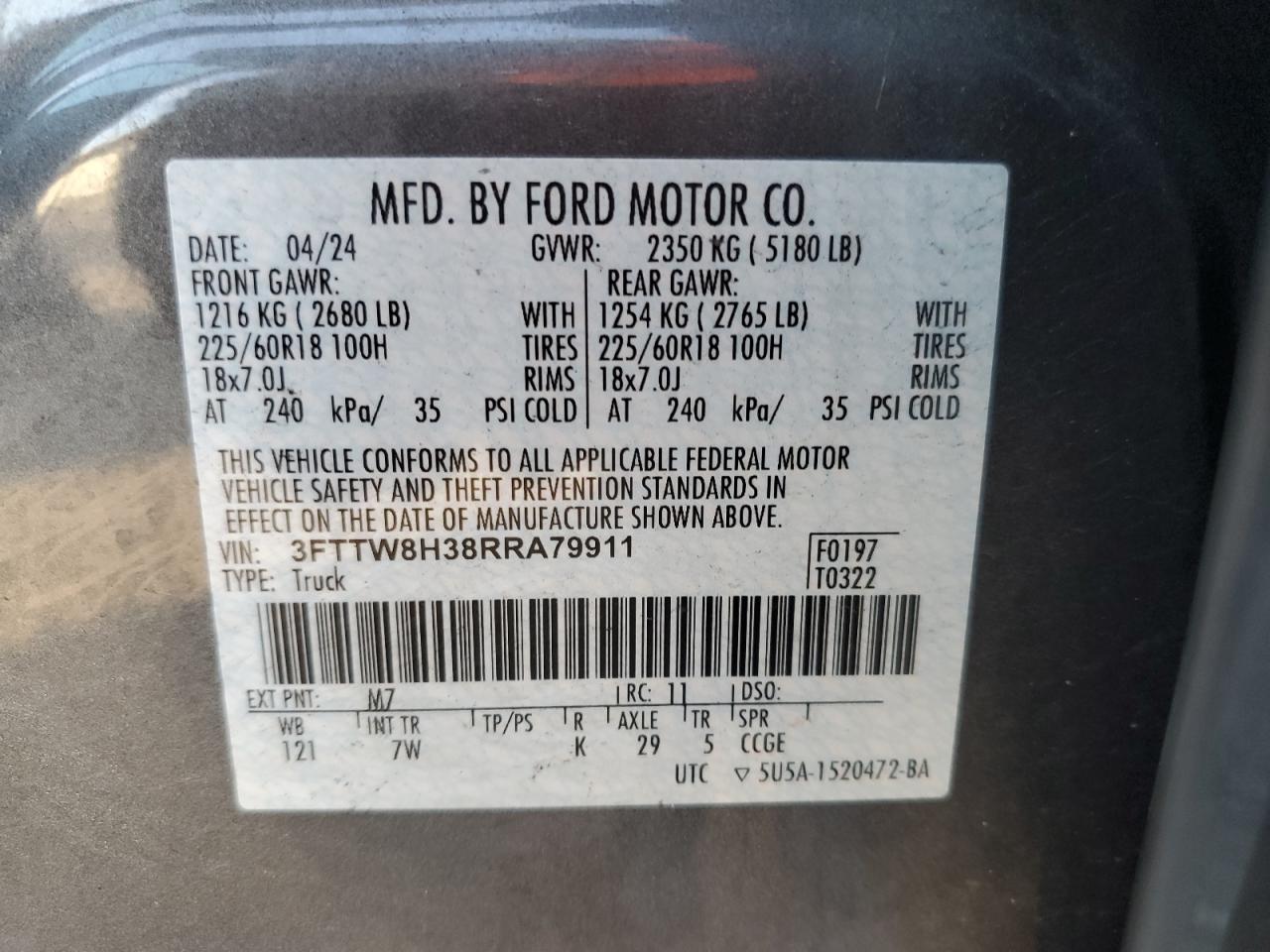 2024 Ford Maverick Xlt VIN: 3FTTW8H38RRA79911 Lot: 92632905