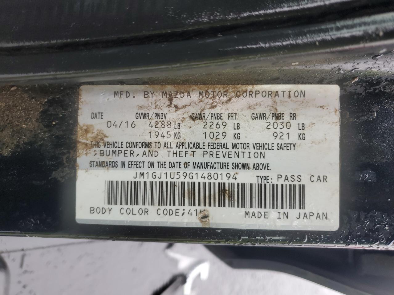 2016 Mazda 6 Sport VIN: JM1GJ1U59G1480194 Lot: 92848585