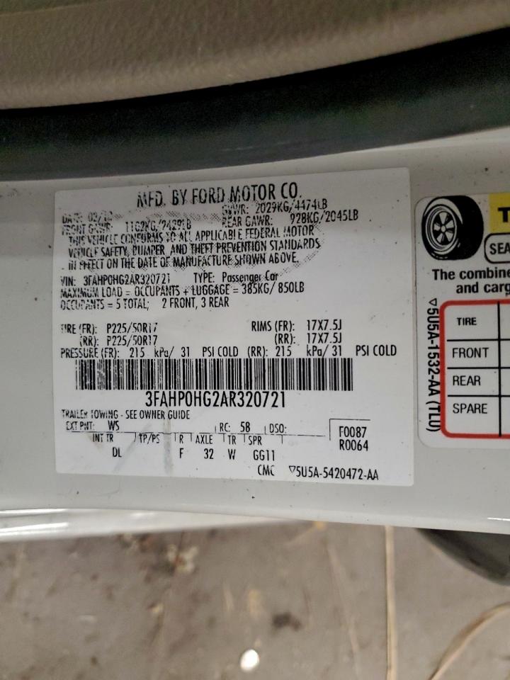 2010 Ford Fusion Se VIN: 3FAHP0HG2AR320721 Lot: 94117085