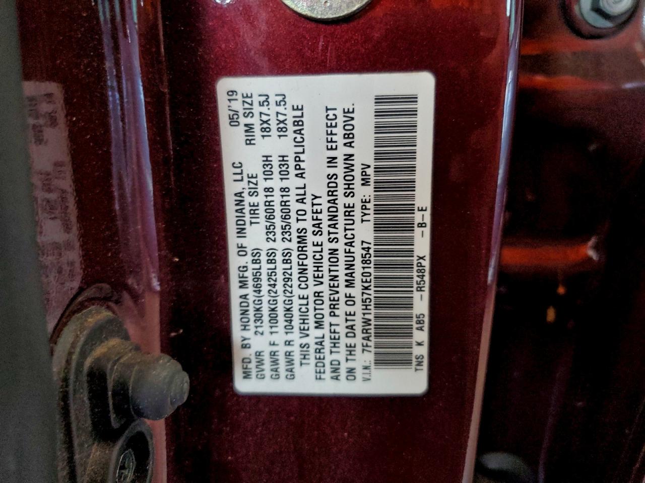 2019 Honda Cr-V Ex VIN: 7FARW1H57KE018547 Lot: 93703075