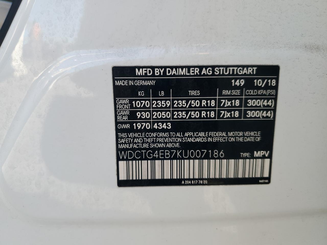 2019 Mercedes-Benz Gla 250 VIN: WDCTG4EB7KU007186 Lot: 91828355