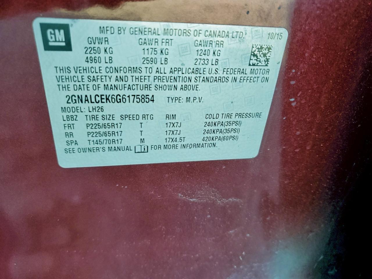 2016 Chevrolet Equinox Lt VIN: 2GNALCEK6G6175854 Lot: 94420255