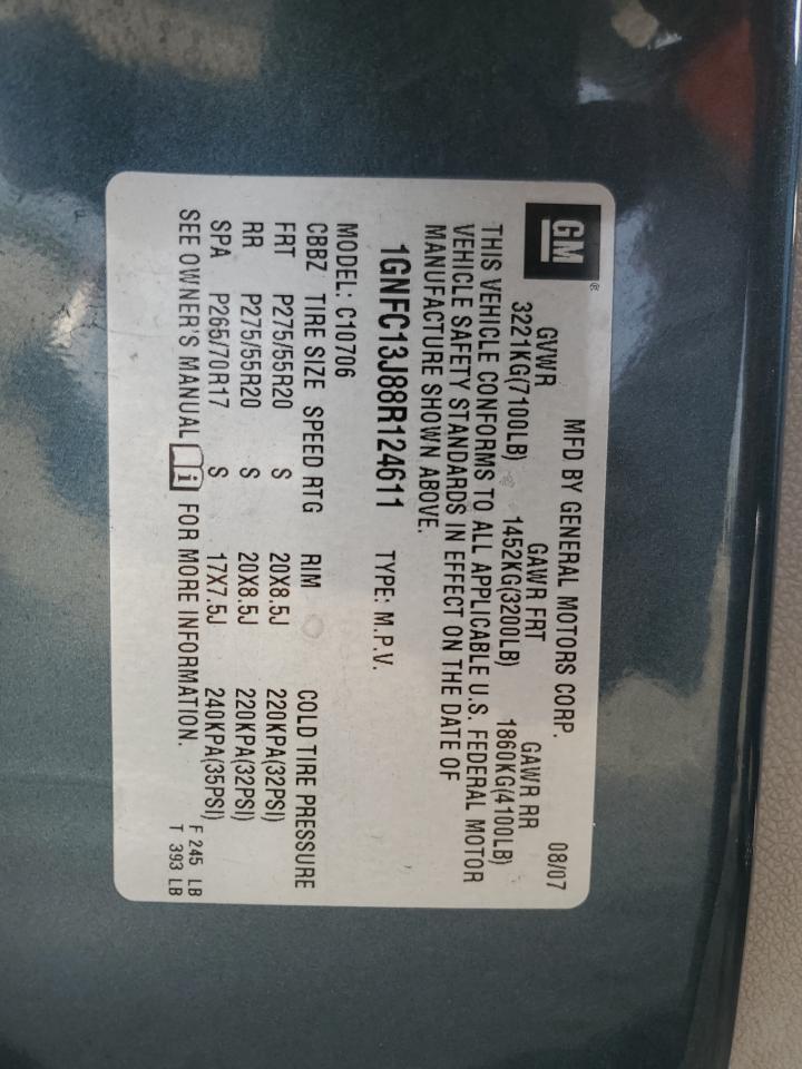 2008 Chevrolet Tahoe C1500 VIN: 1GNFC13J88R124611 Lot: 92883365