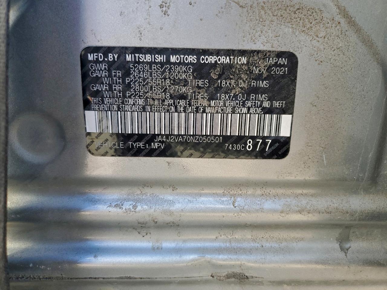 2022 Mitsubishi Outlander Sel VIN: JA4J2VA70NZ050501 Lot: 93940425