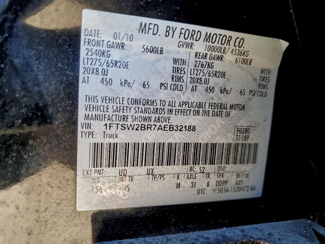 2010 Ford F250 Super Duty VIN: 1FTSW2BR7AEB32188 Lot: 94293505