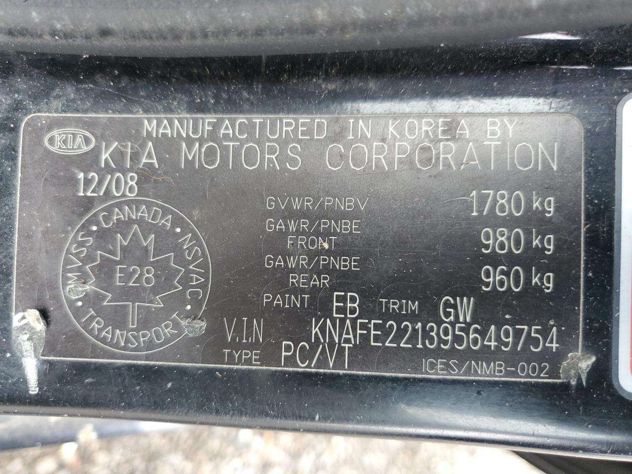 2009 Kia Spectra Ex VIN: KNAFE221395649754 Lot: 91654635