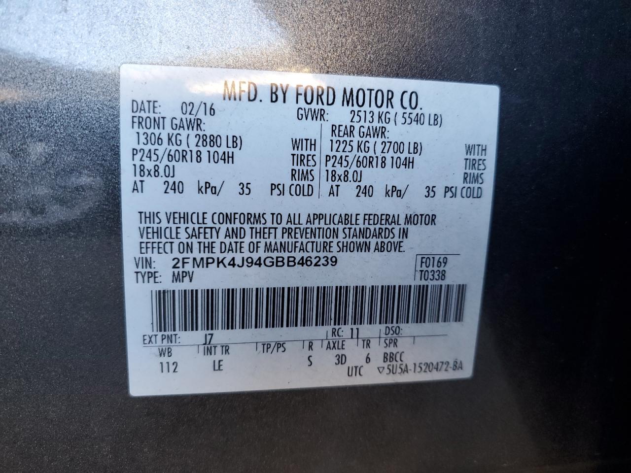 2016 Ford Edge Sel VIN: 2FMPK4J94GBB46239 Lot: 93895035