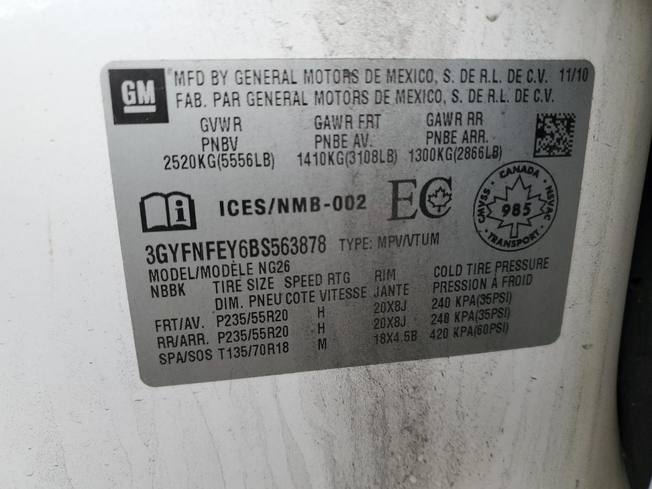 2011 Cadillac Srx Premium Collection VIN: 3GYFNFEY6BS563878 Lot: 93552335