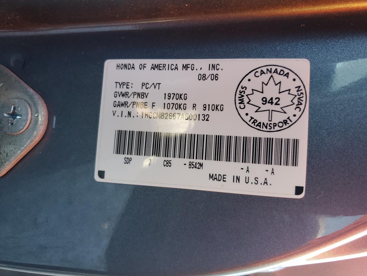 2007 Honda Accord Ex VIN: 1HGCM82667A800132 Lot: 92918225