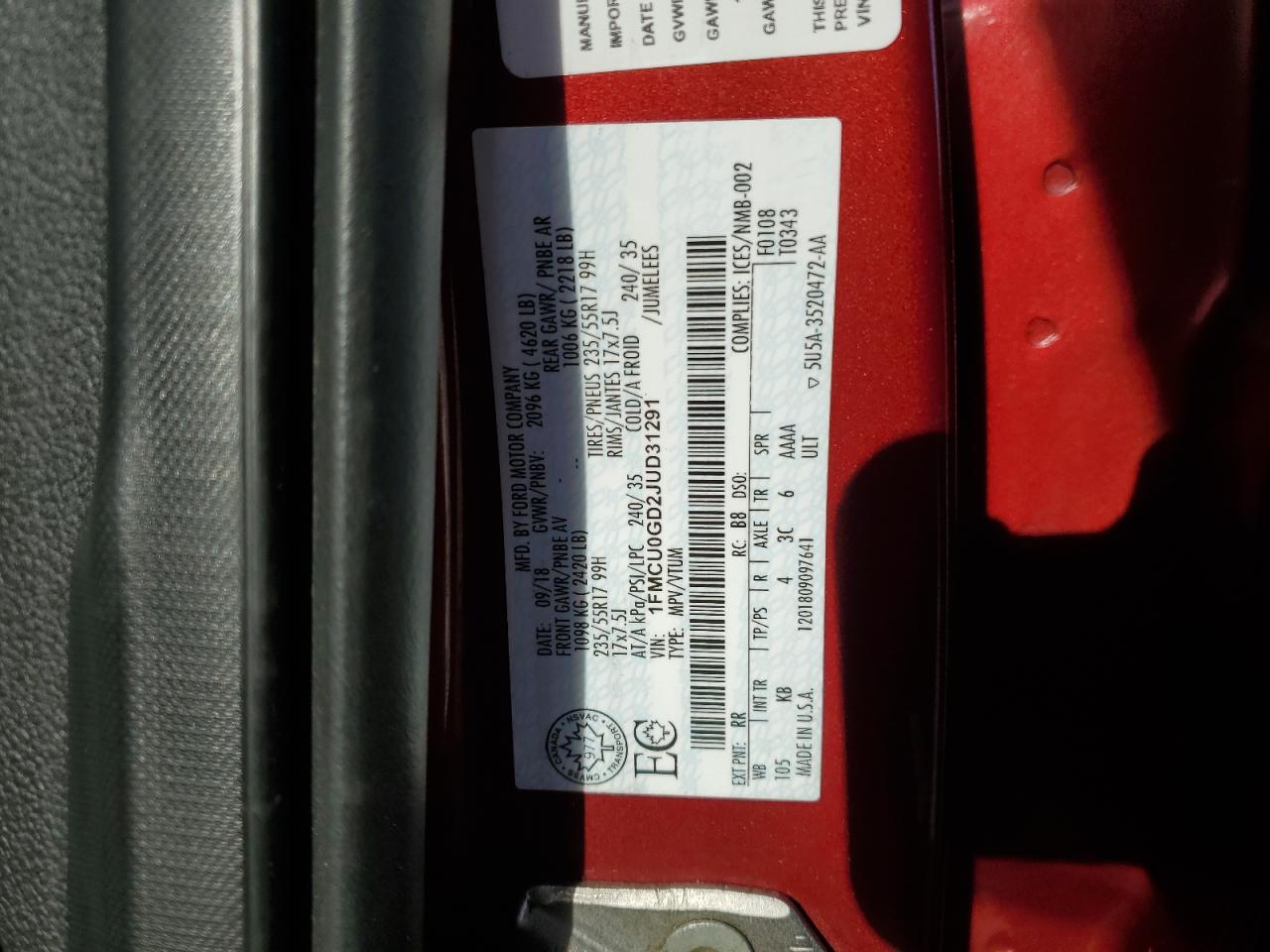 2018 Ford Escape Se VIN: 1FMCU0GD2JUD31291 Lot: 93535435