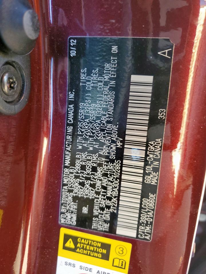 2013 Lexus Rx 350 VIN: 2T2ZK1BA3DC102865 Lot: 91274085