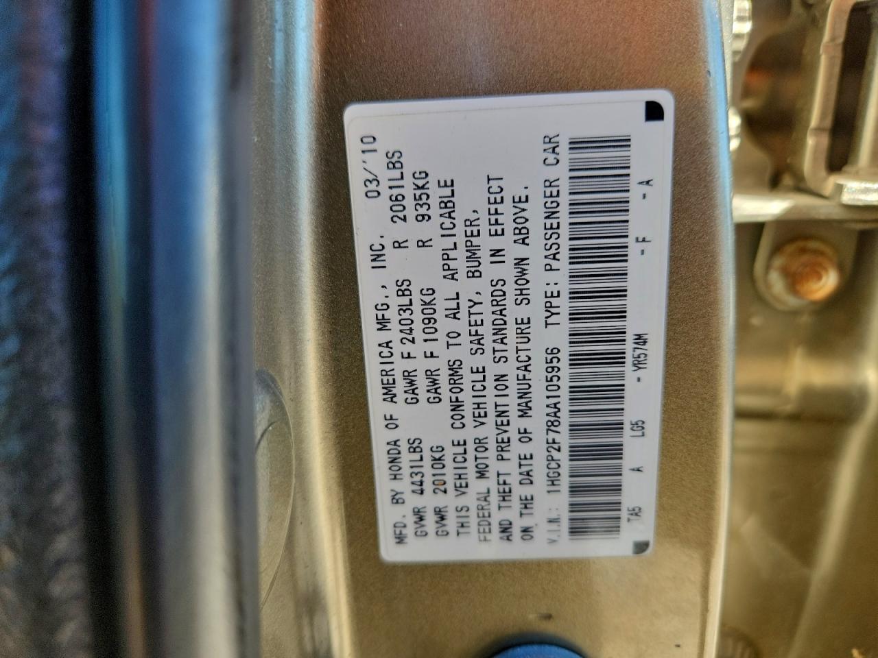 2010 Honda Accord Ex VIN: 1HGCP2F78AA105956 Lot: 93807105