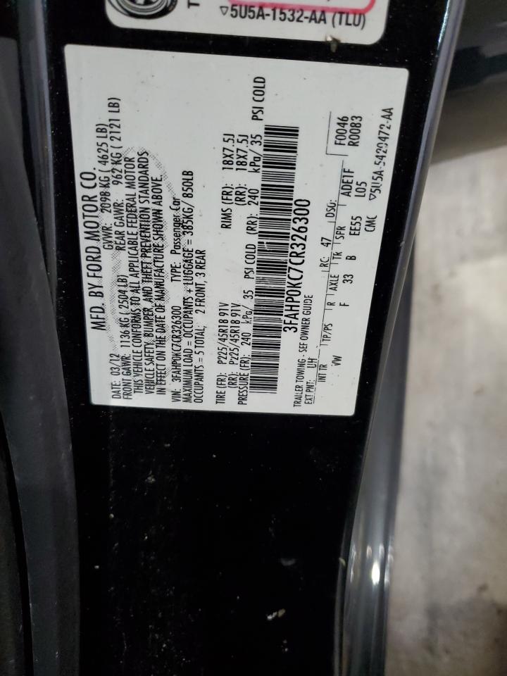 2012 Ford Fusion Sport VIN: 3FAHP0KC7CR326300 Lot: 91973865