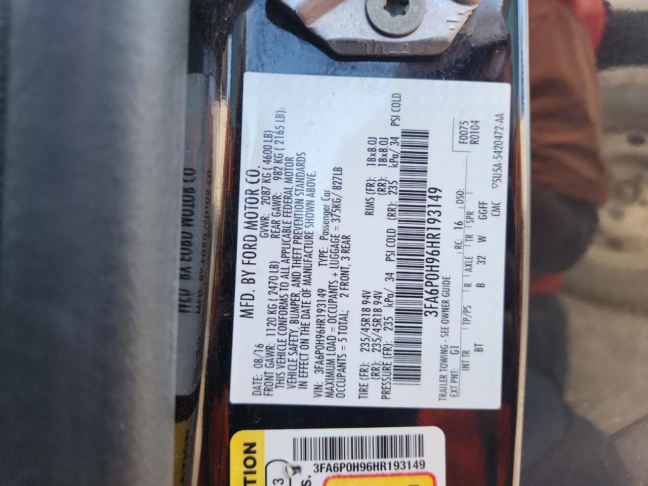 2017 Ford Fusion Se VIN: 3FA6P0H96HR193149 Lot: 91731535