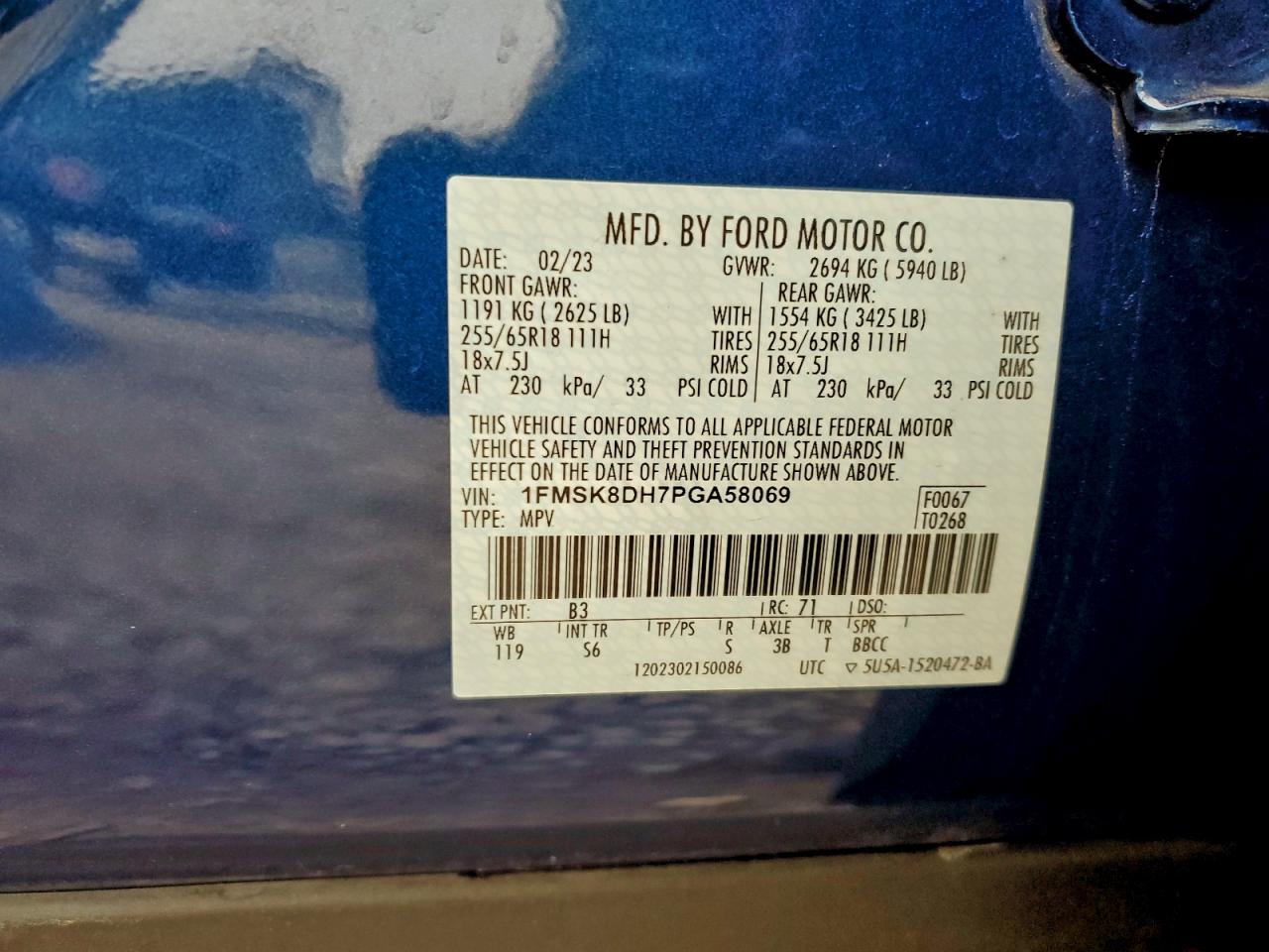 2023 Ford Explorer Xlt VIN: 1FMSK8DH7PGA58069 Lot: 94535585