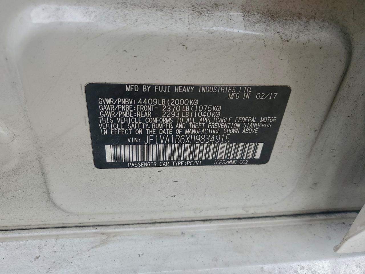 2017 Subaru Wrx VIN: JF1VA1B6XH9834915 Lot: 94247245