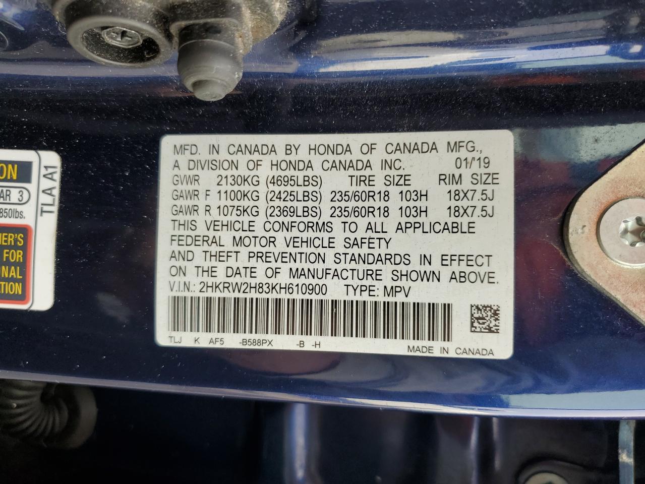 2019 Honda Cr-V Exl VIN: 2HKRW2H83KH610900 Lot: 93328255