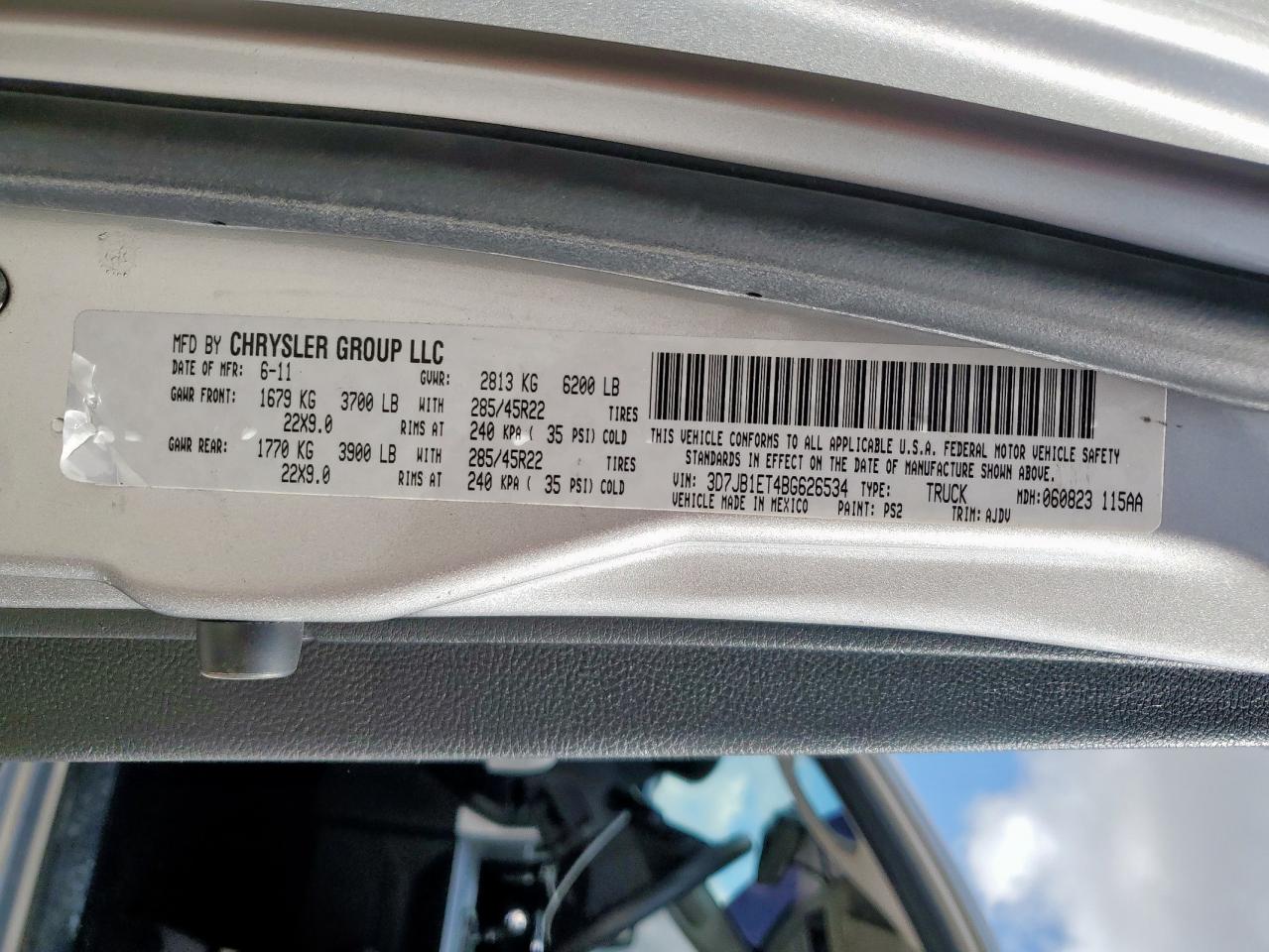 2011 Dodge Ram 1500 VIN: 3D7JB1ET4BG626534 Lot: 92272225