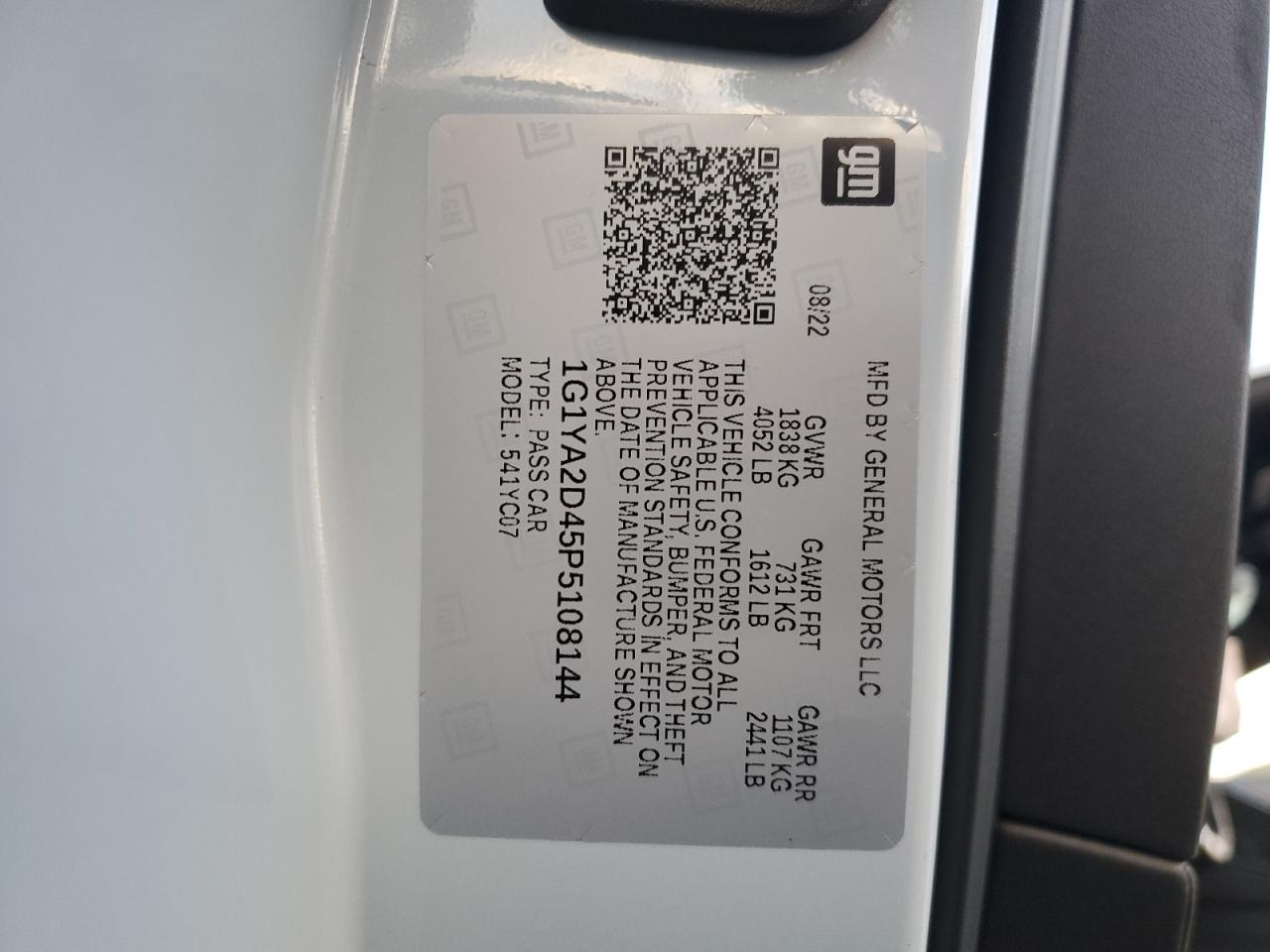 2023 Chevrolet Corvette Stingray 1Lt VIN: 1G1YA2D45P5108144 Lot: 92439135