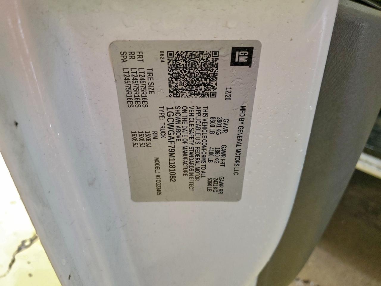 2021 Chevrolet Express G2500 Delivery Van VIN: 1GCWGAF79M1181082 Lot: 93417305