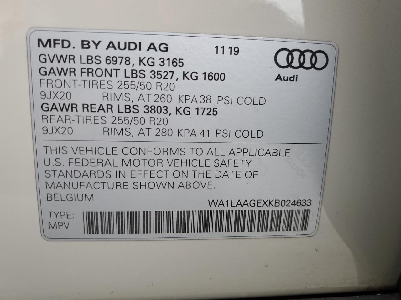 2019 Audi E-Tron Premium Plus VIN: WA1LAAGEXKB024633 Lot: 92686065