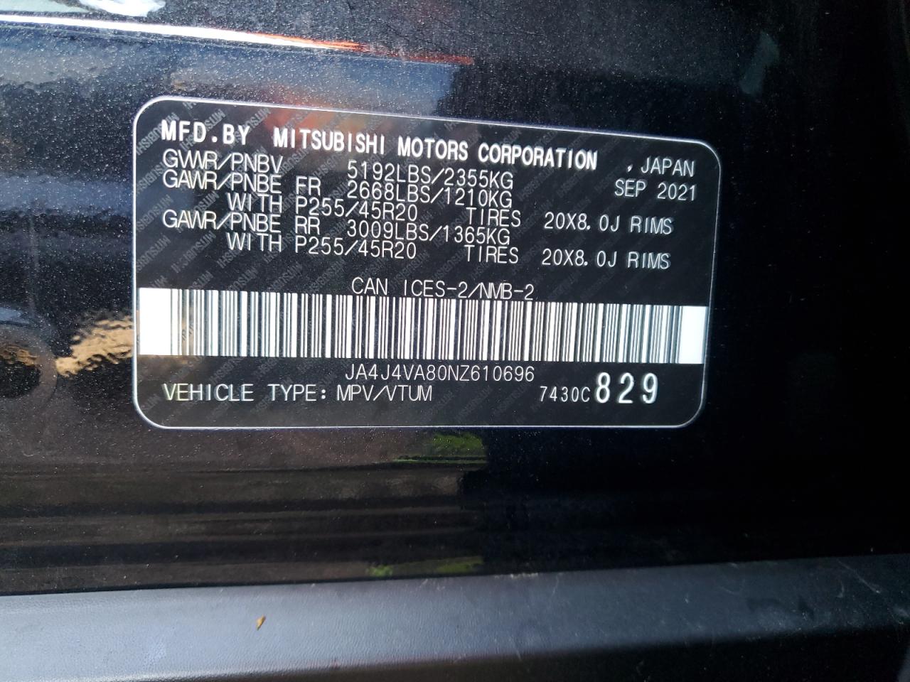 2022 Mitsubishi Outlander Sel VIN: JA4J4VA80NZ610696 Lot: 92410575