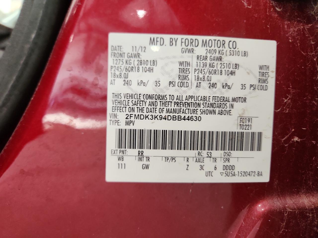 2013 Ford Edge Limited VIN: 2FMDK3K94DBB44630 Lot: 92690835